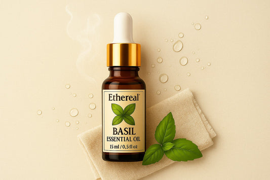 Rectangle image of Basil Essential Oil bottle with basil leaves – calming and dandruff-relieving