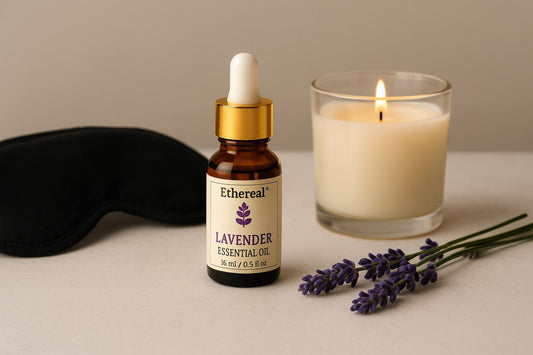 avender essential oil on a bedside table with candle and eye mask – calming night skincare ritual setup