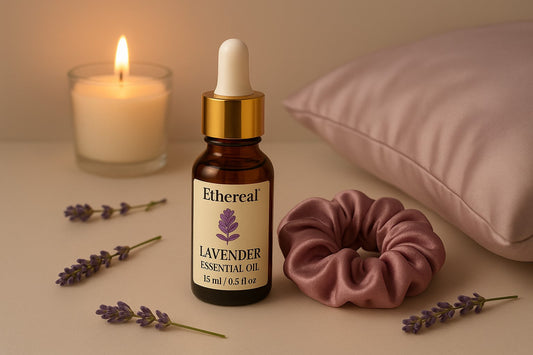 Nighttime lavender hair care ritual with essential oil bottle, silk scrunchie, satin pillowcase, and lit candle for scalp nourishment and restful sleep.