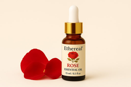 Ethereal Rose Bulgarian Essential Oil bottle with rose petal on soft cream background – skincare rituals blog banner