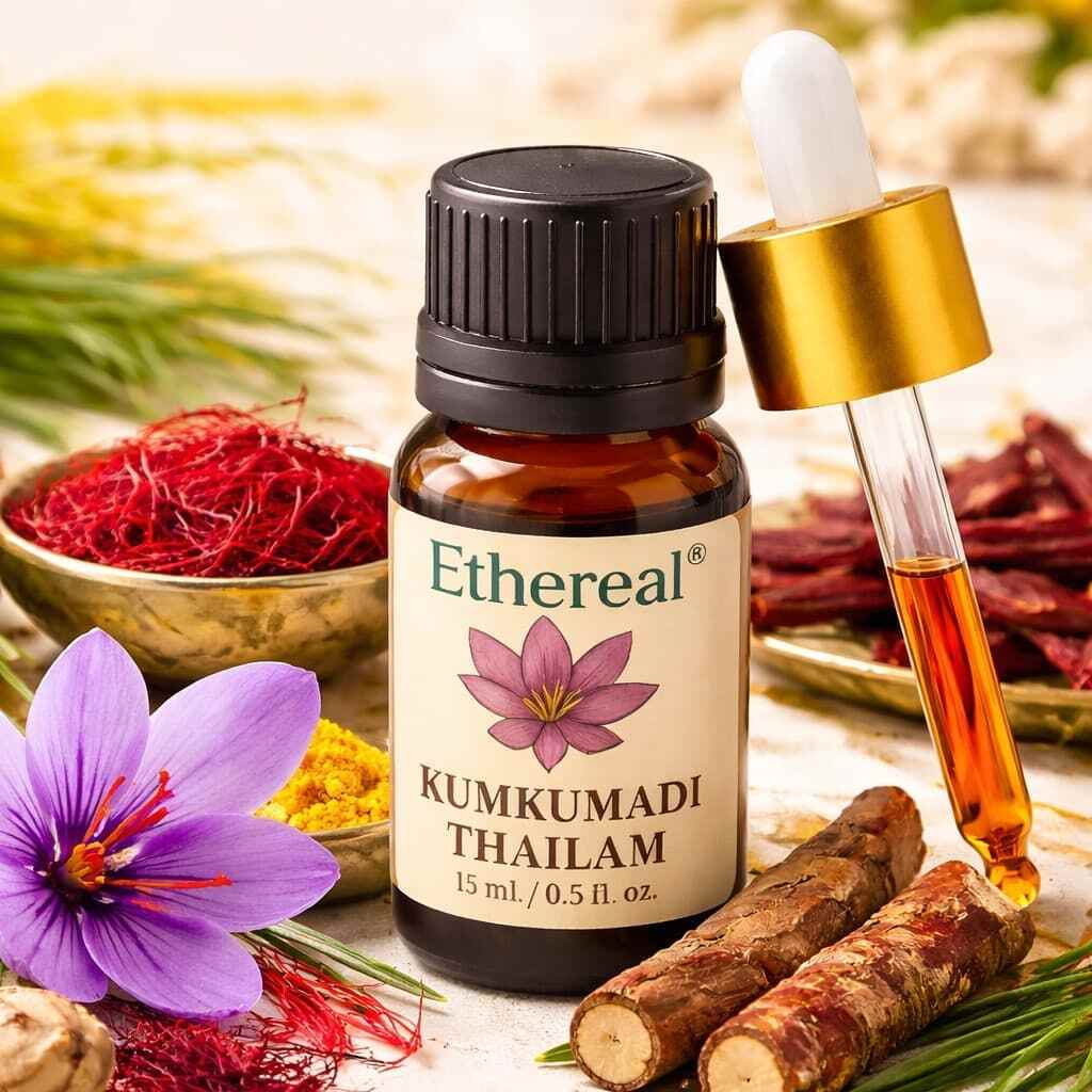 Ethereal Kumkumadi Thailam bottle with dropper and natural ingredients on a wooden surface.