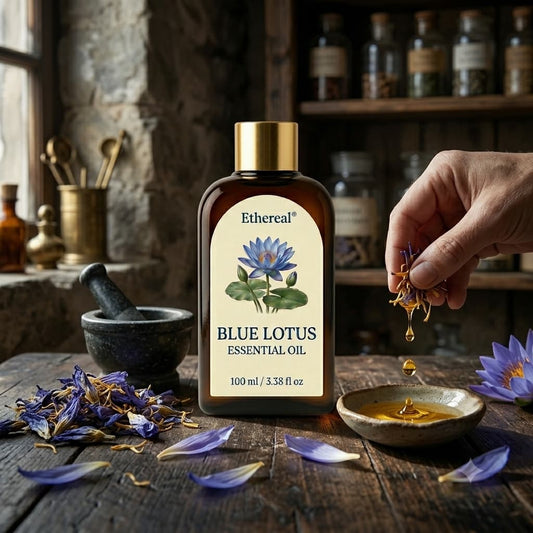 Ethereal Blue Lotus essential oil bottle on a wooden table with a hand pouring oil into a dish.