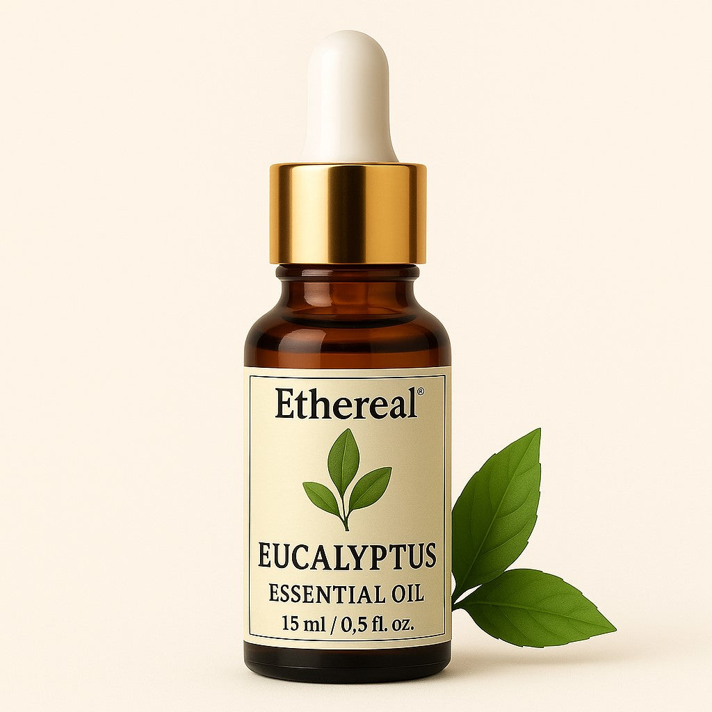 Ethereal Eucalyptus Essential Oil bottle – 15ml amber glass with gold cap and natural label with dropper and leaves on a beige background