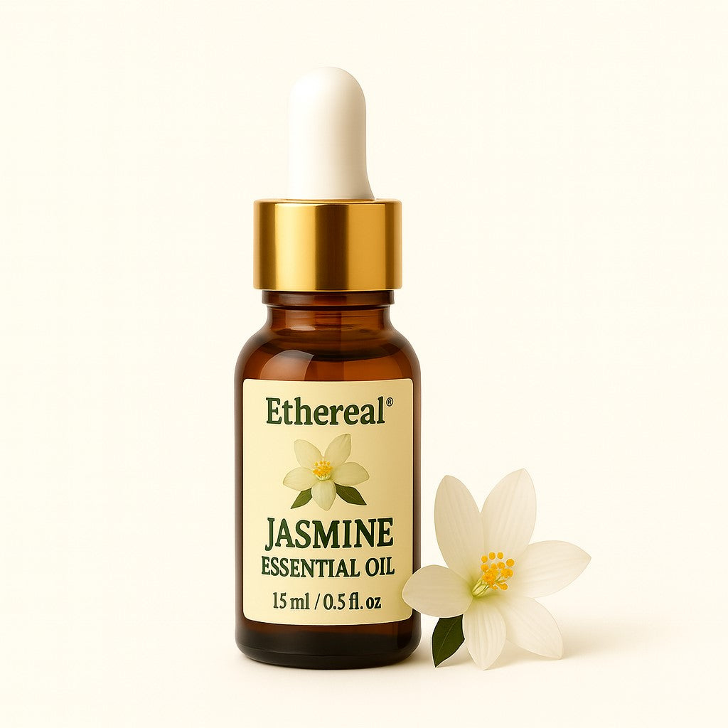 Jasmine essential oil in amber glass bottle with white jasmine flower, pure floral aromatherapy oil for relaxation and wellness
