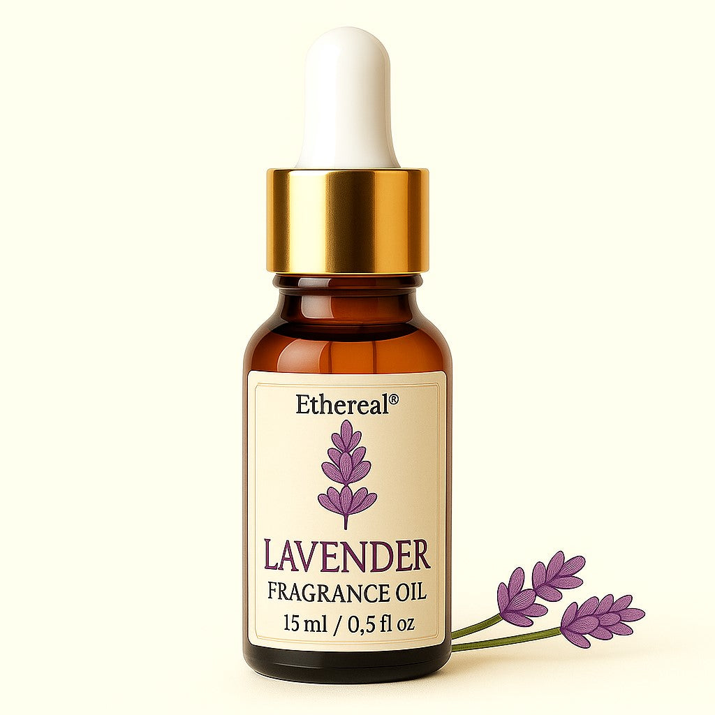 Bottle of Lavender Fragrance Oil by Shades of Ethereal with calming floral aroma for relaxation and sweet dreams.