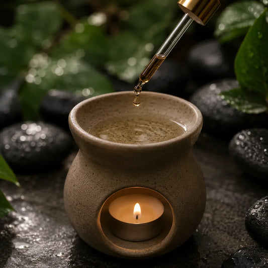 A top-down view of a glass dropper adding Petrichor oil to a minimalist ceramic diffuser burner with soft lighting.