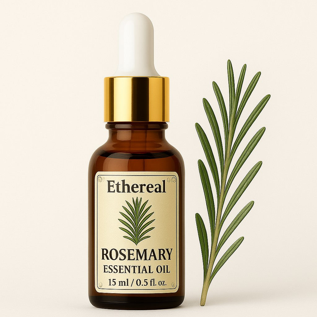 Ethereal Rosemary Essential Oil bottle with dropper and rosemary leaf illustration on beige background