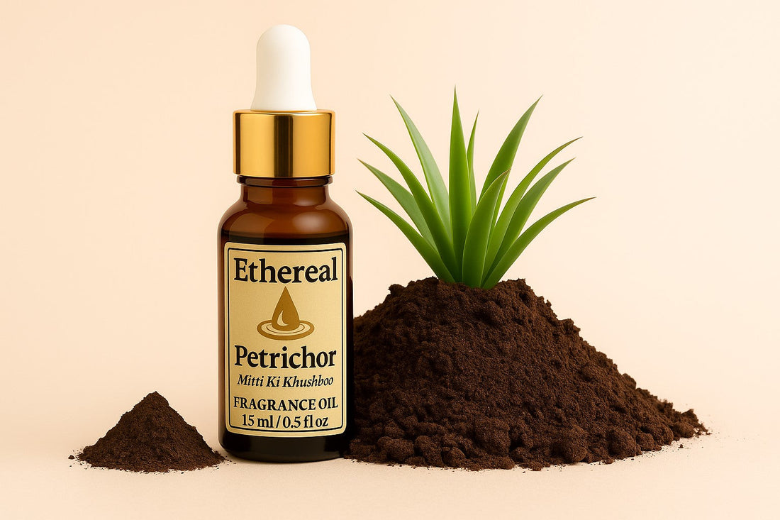 Petrichor fragrance oil bottle with earthy aesthetic representing rain-on-soil aroma and grounding mood.