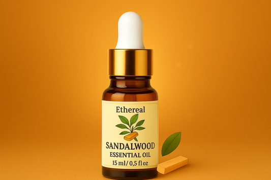 Sandalwood Essential Oil bottle with leaves – Ethereal Ayurveda wellness rituals