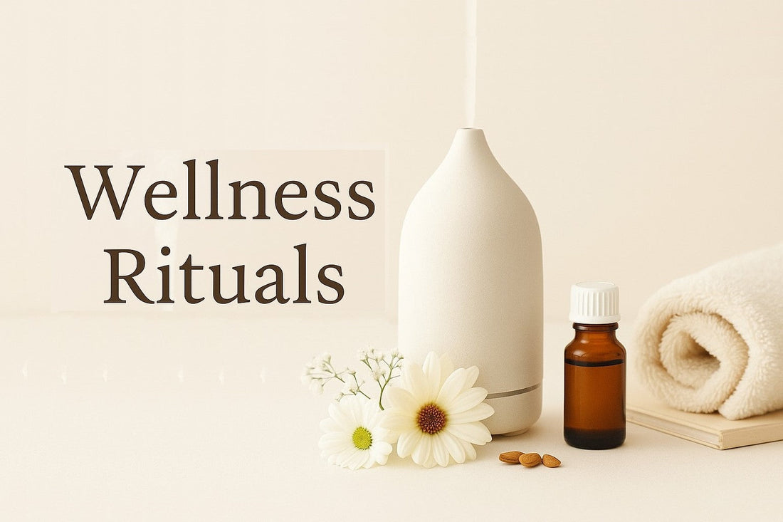 Amber bottle, diffuser, towel, and flower – wellness ritual setup