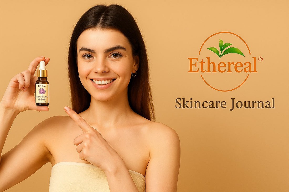 Woman smiling with a towel wrap, holding Kumkumadi Thailam facial oil – symbolizing natural Ayurvedic glow and skincare ritual