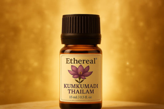 Kumkumadi Thailam skincare bottle on a serene night-themed background emphasizing nighttime glow benefits.