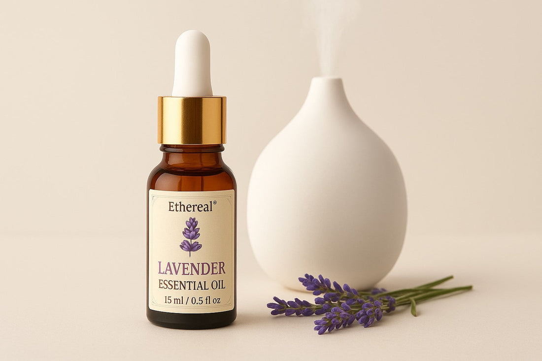 Amber glass bottle of lavender essential oil with fresh lavender sprigs on a soft neutral background – calming lifestyle image