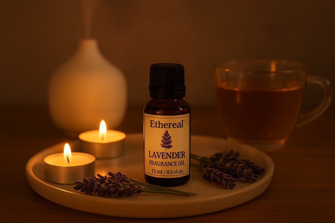 A calming evening setup featuring a lavender fragrance oil bottle on a tray with tealight candles, fresh lavender sprigs, and a cup of herbal tea in soft, warm lighting.