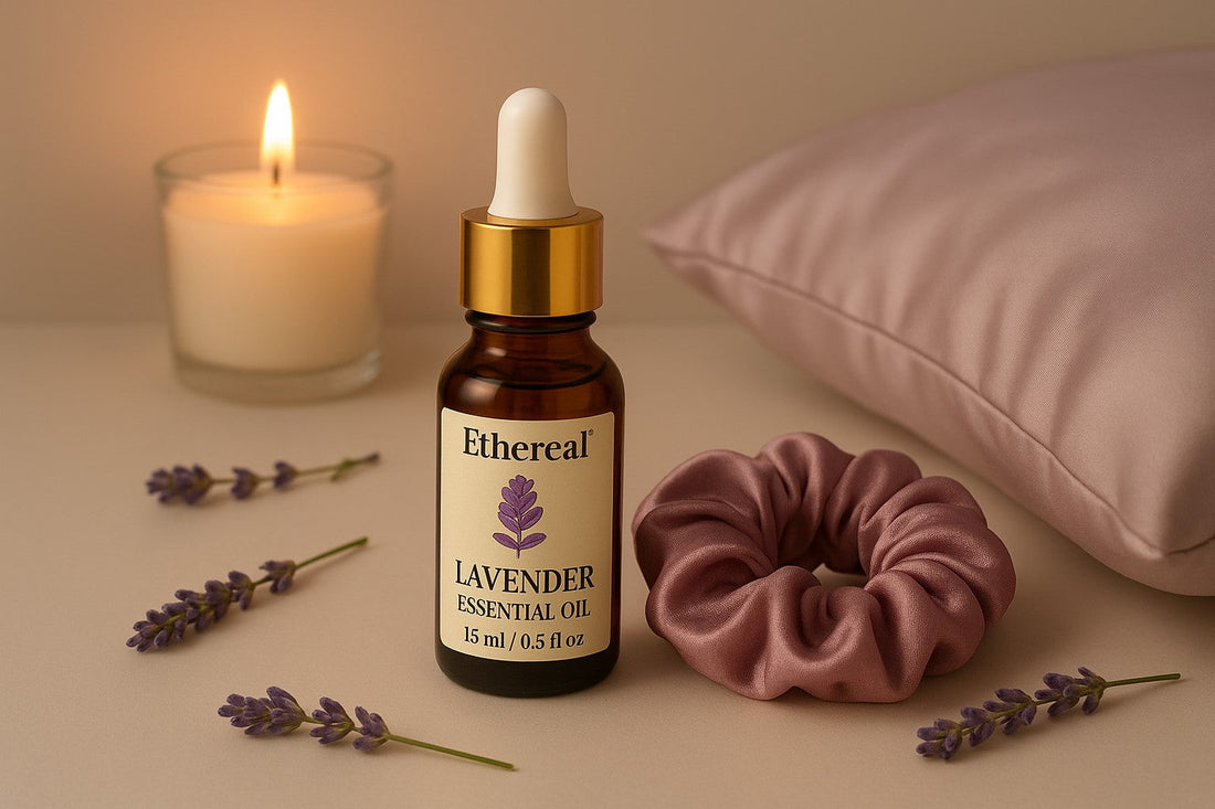 Nighttime lavender hair care ritual with essential oil bottle, silk scrunchie, satin pillowcase, and lit candle for scalp nourishment and restful sleep.