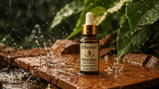 Luxury amber bottle of Petrichor fragrance oil on a dry terracotta clay piece with splashing rain droplets, representing an Ayurvedic cooling ritual for summer home ambiance