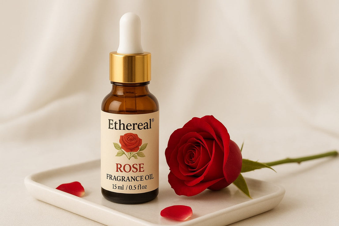 Ethereal Rose Fragrance Oil bottle with soft pink roses – romantic aroma and uplifting floral essence