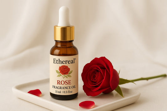 Ethereal Rose Fragrance Oil bottle with soft pink roses – romantic aroma and uplifting floral essence