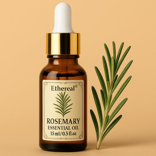 Rosemary essential oil bottle with rosemary sprig