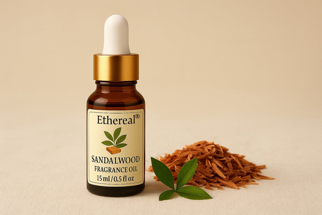 Sandalwood fragrance oil bottle — emotional comfort & cozy calming aroma