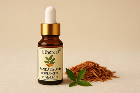 Sandalwood fragrance oil bottle — emotional comfort & cozy calming aroma