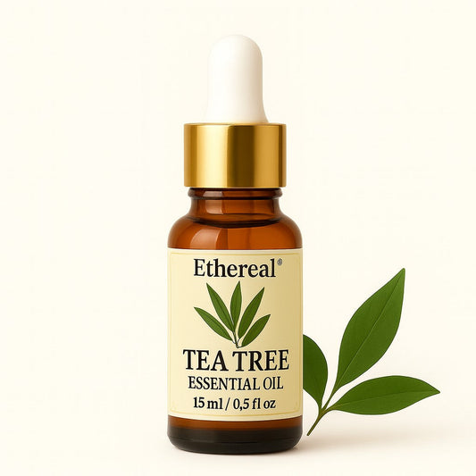 Tea Tree essential oil bottle with fresh green leaves representing purifying and clarifying benefits.