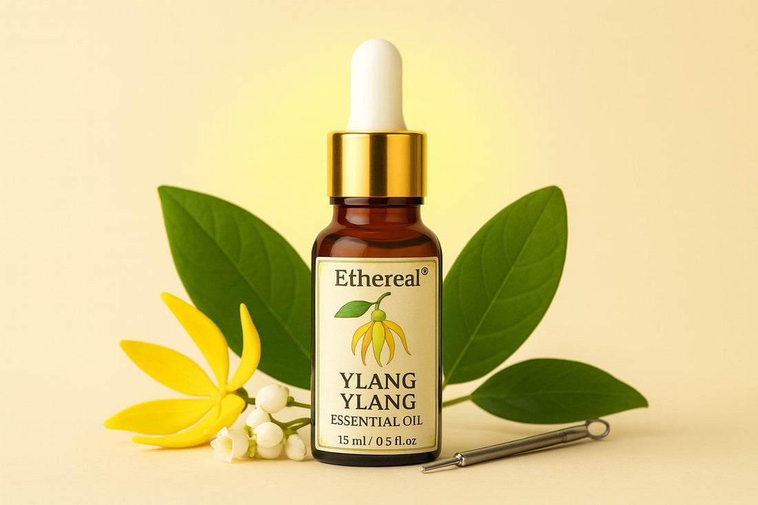 Amber bottle of Ylang Ylang essential oil styled as a beauty ritual for balanced, glowing skin