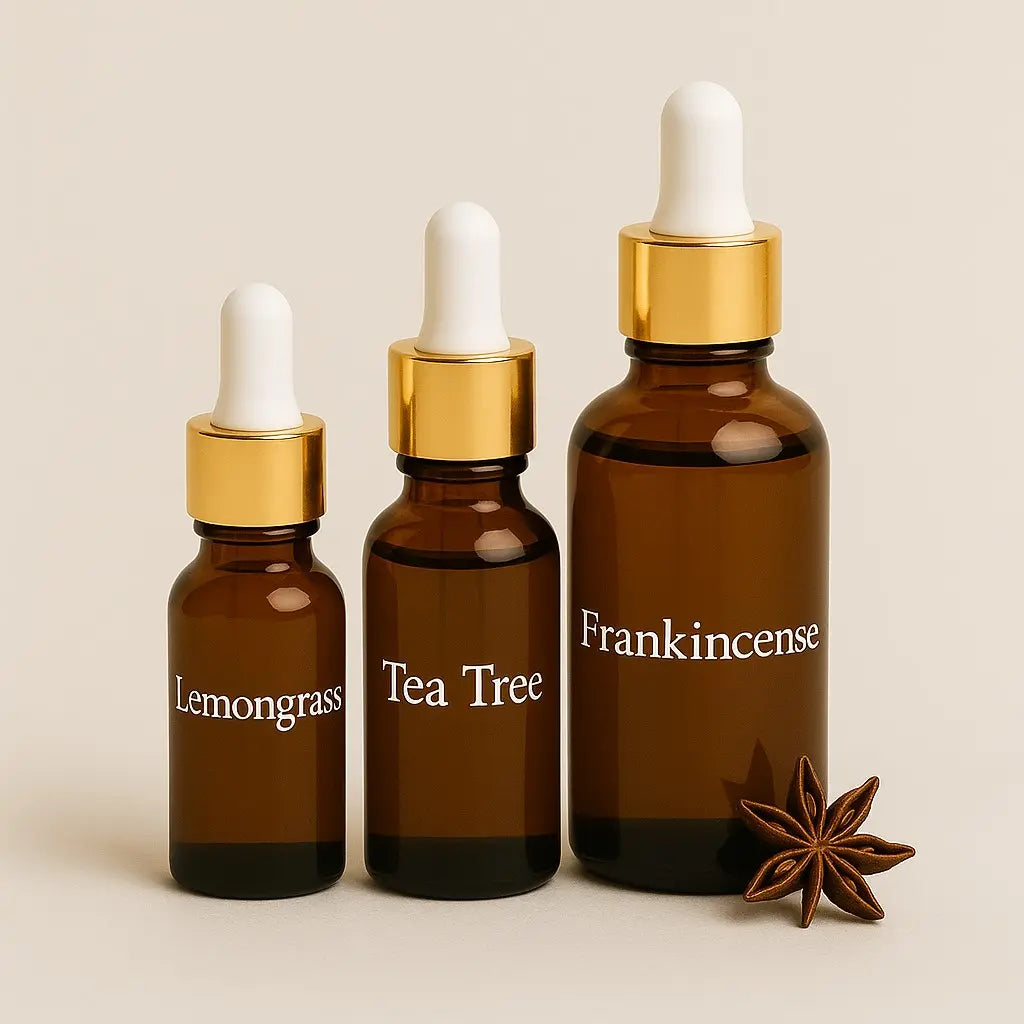 Three brown glass dropper bottles labelled 'Lemongrass', 'Tea Tree', and 'Frankincense'