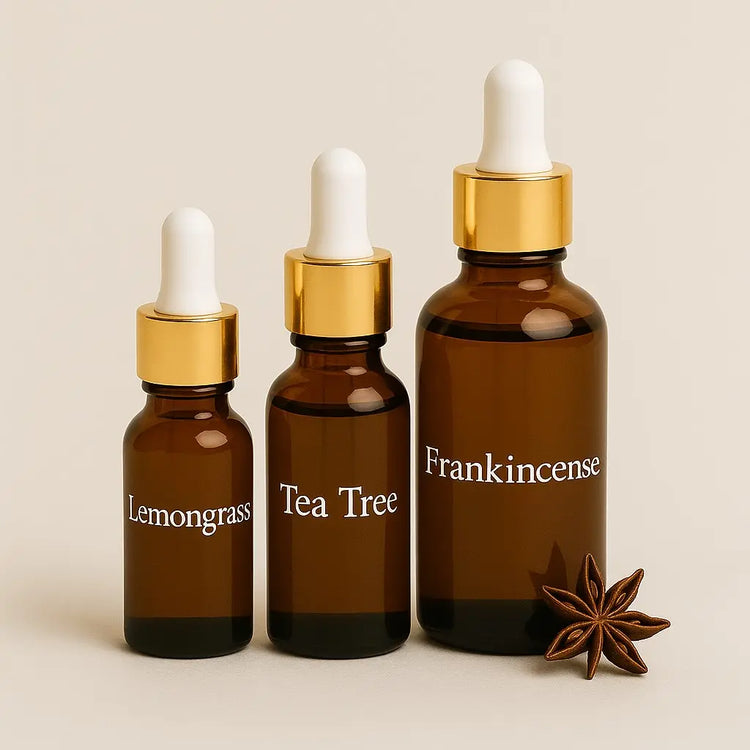 Three brown glass dropper bottles labelled 'Lemongrass', 'Tea Tree', and 'Frankincense'