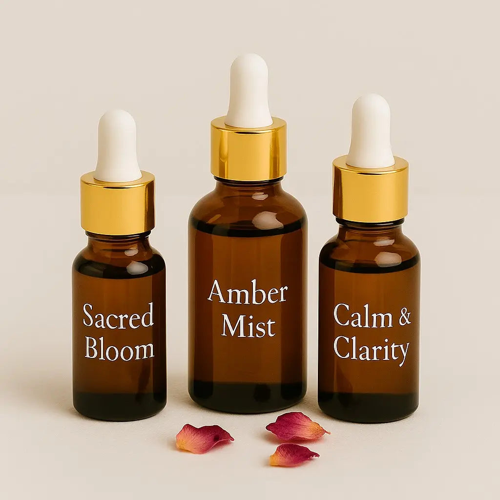 Three amber glass dropper bottles labelled 'Sacred Bloom', 'Amber Mist', and 'Calm & Clarity'
