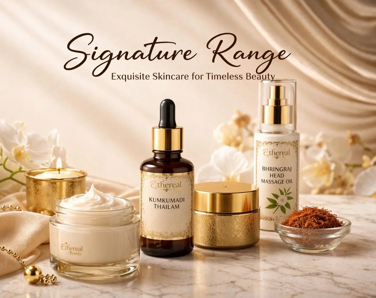 Ethereal Signature Range - Kumkumadi facial oil, hair spray, luxury candles and cream for premium Ayurvedic skincare and wellness
