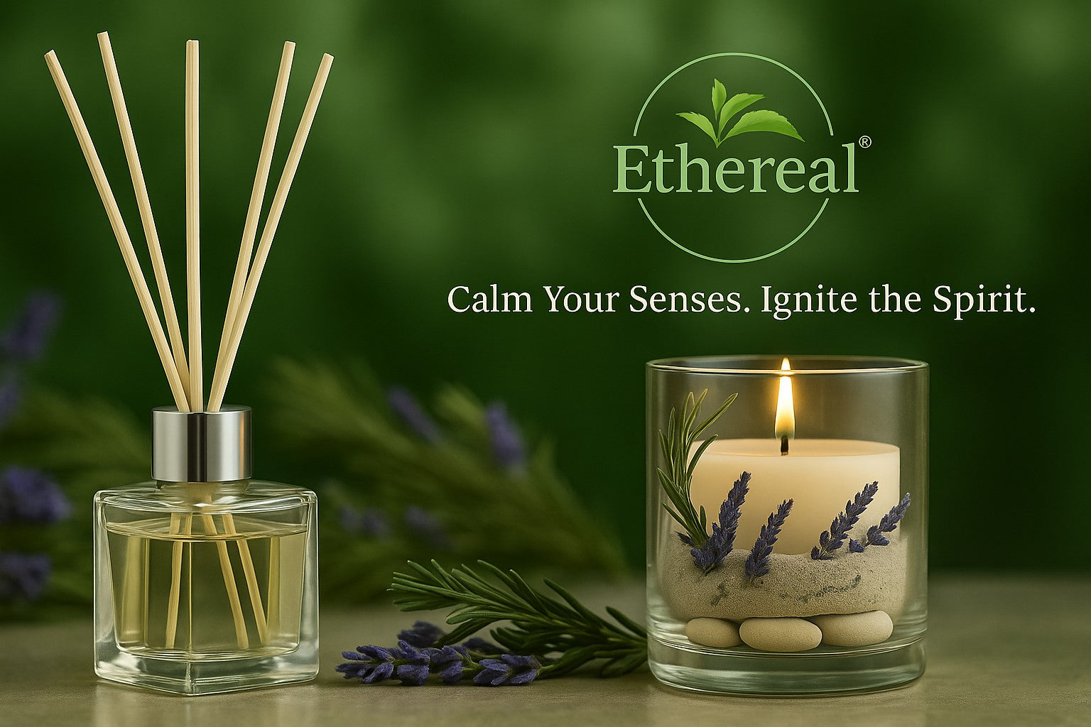Ethereal home fragrance – natural reed diffuser and candle for calm, wellness & botanical ambience