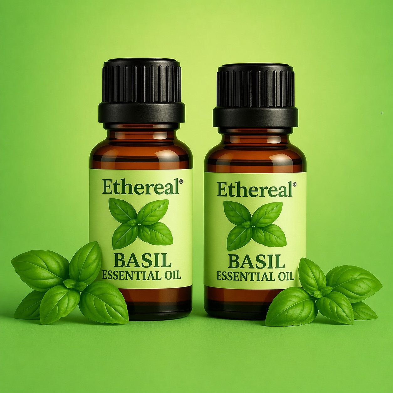 Two bottles of Ethereal Basil Essential Oil on a green background with basil leaves.