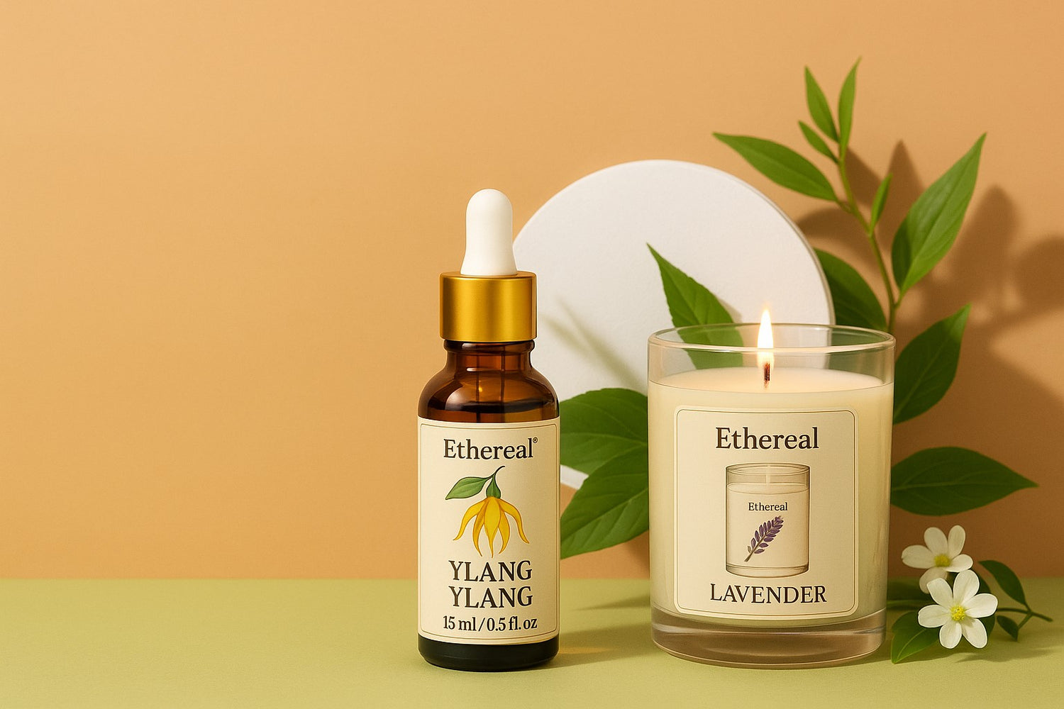 Ethereal Ylang Ylang essential oil bottle and lavender candle on a yellow background with green leaves.