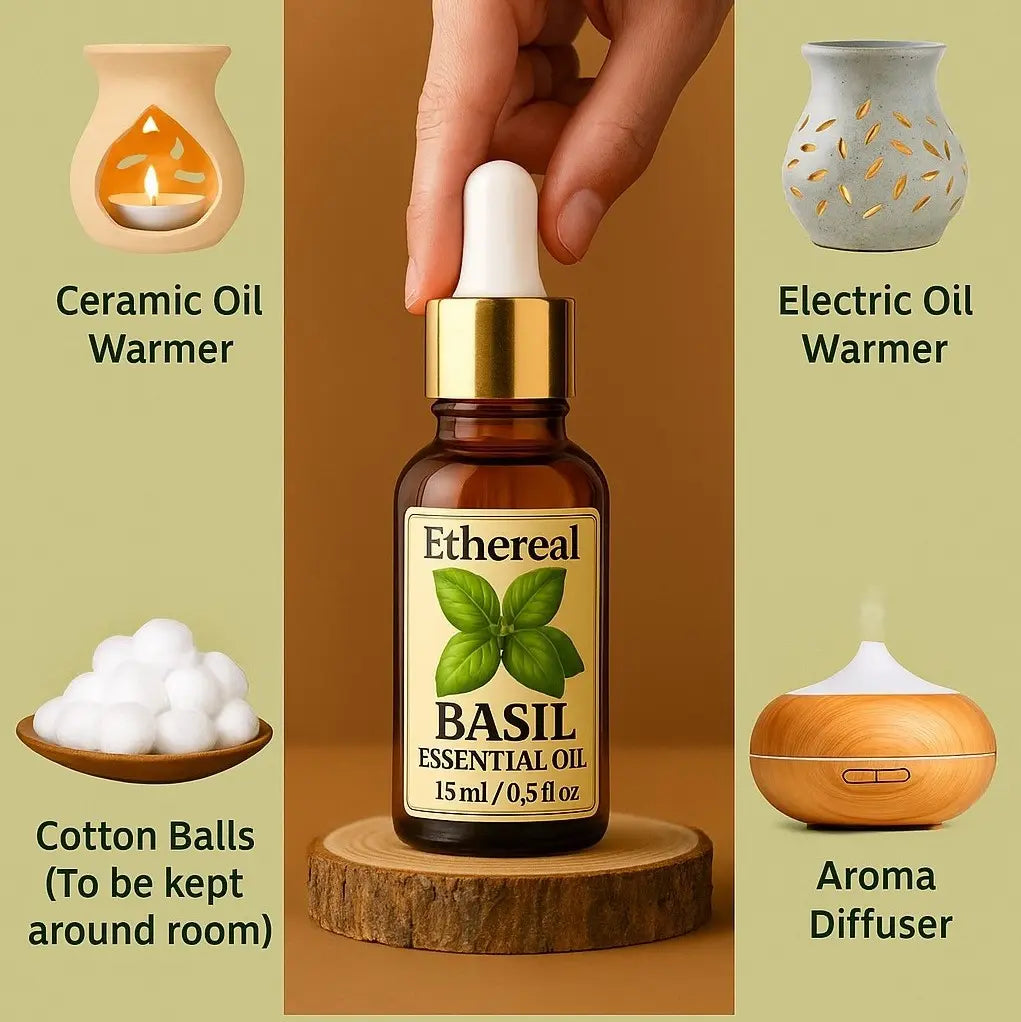 Ethereal Basil essential oil bottle with oil warmer, diffuser, and cotton balls on a wooden stand for usage