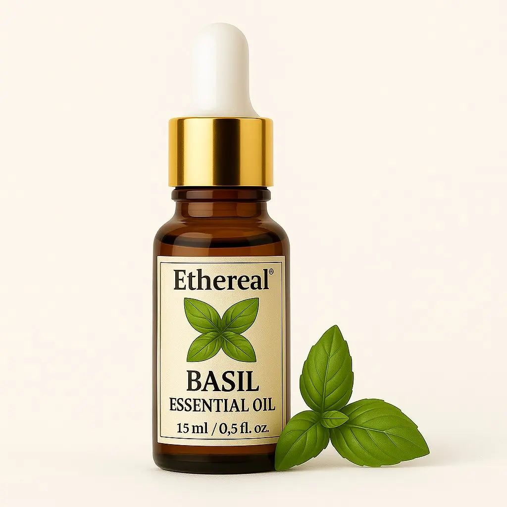 Bottle of Ethereal Basil Essential Oil with a gold cap on a white background