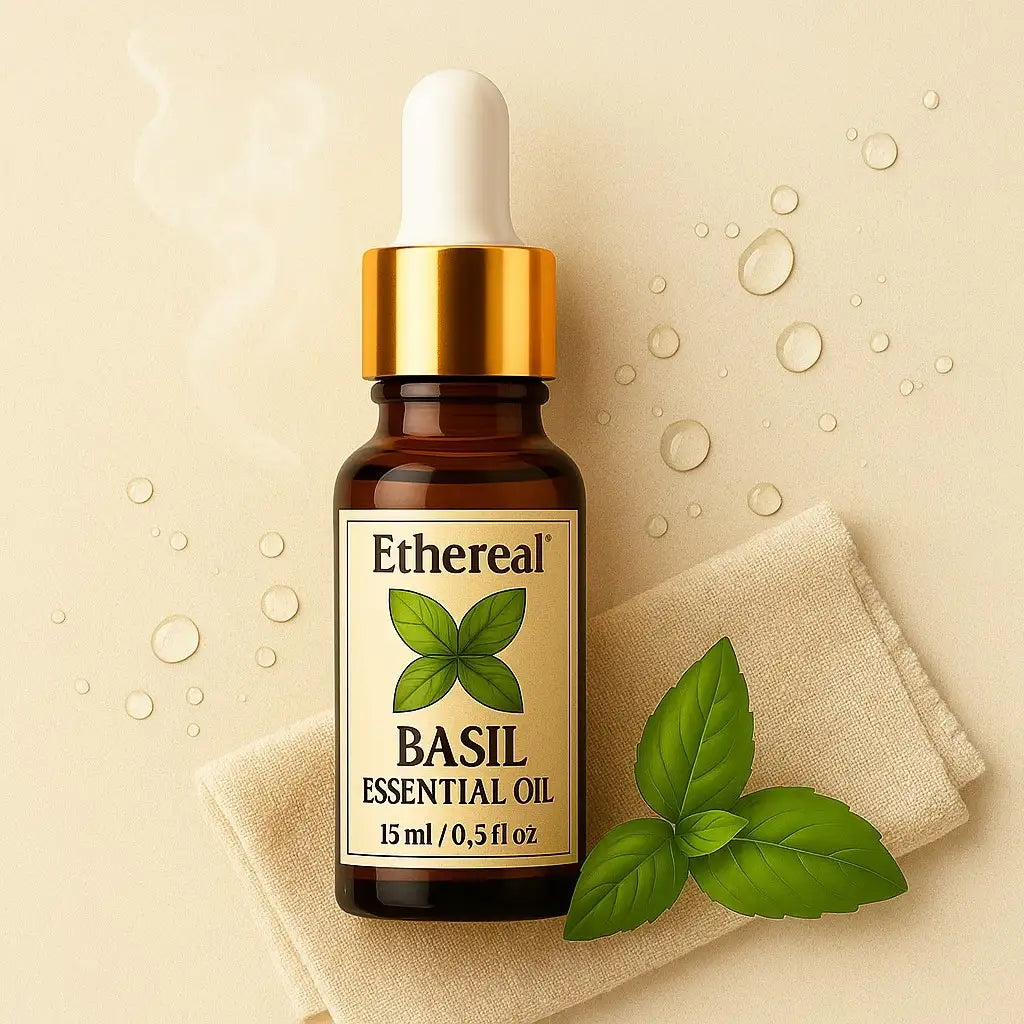 Ethereal Basil Essential Oil bottle with dropper on a beige background for hair care