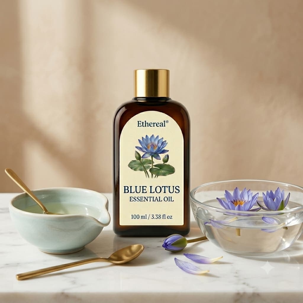 Luxury spa setting featuring a bottle of Ethereal Blue Lotus Essential Oil on marble, next to ceramic bowls with floating blue lotus blossoms and massage oil.