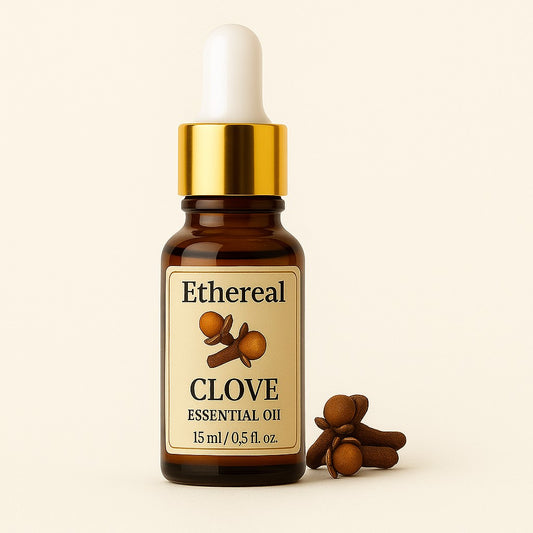 15ml amber bottle of Clove Essential Oil with golden dropper and clove spice – Shades of Ethereal
