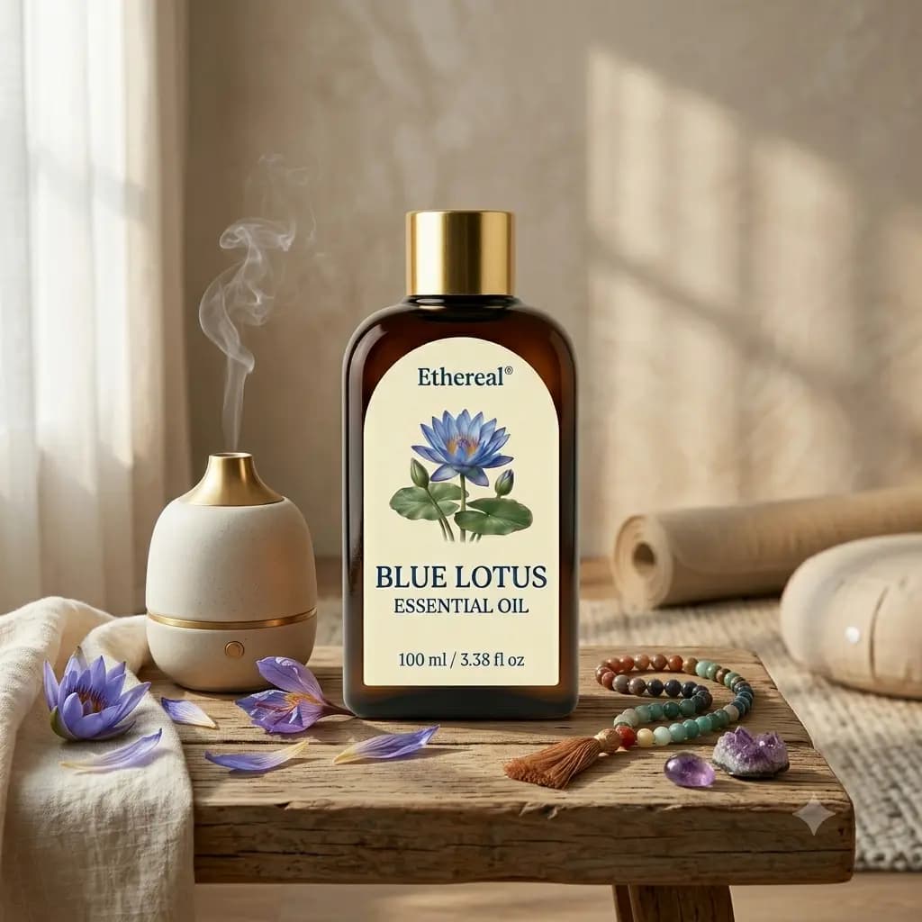 Ethereal Blue Lotus Essential Oil bottle on a wooden table next to a ceramic aromatherapy diffuser releasing mist in a tranquil meditation room corner