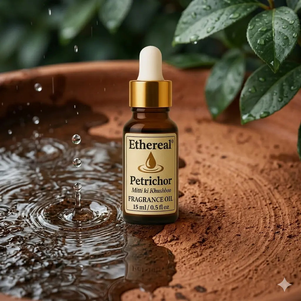 A 15 ml Ethereal Petrichor Fragrance Oil amber glass dropper bottle centered on a wet, textured clay surface with realistic raindrops splashing and puddling around it.