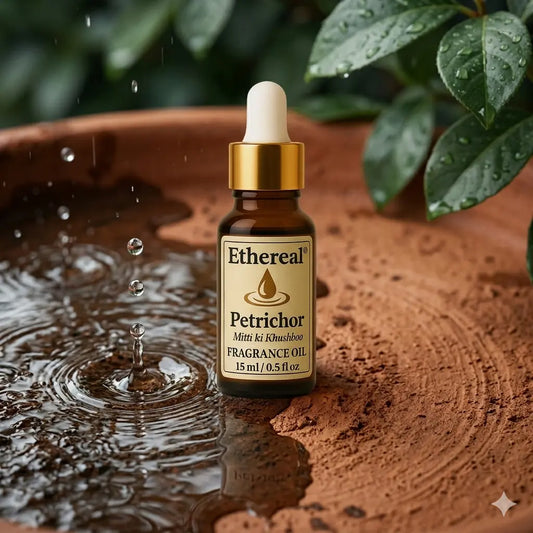 A 15 ml Ethereal Petrichor Fragrance Oil amber glass dropper bottle centered on a wet, textured clay surface with realistic raindrops splashing and puddling around it.