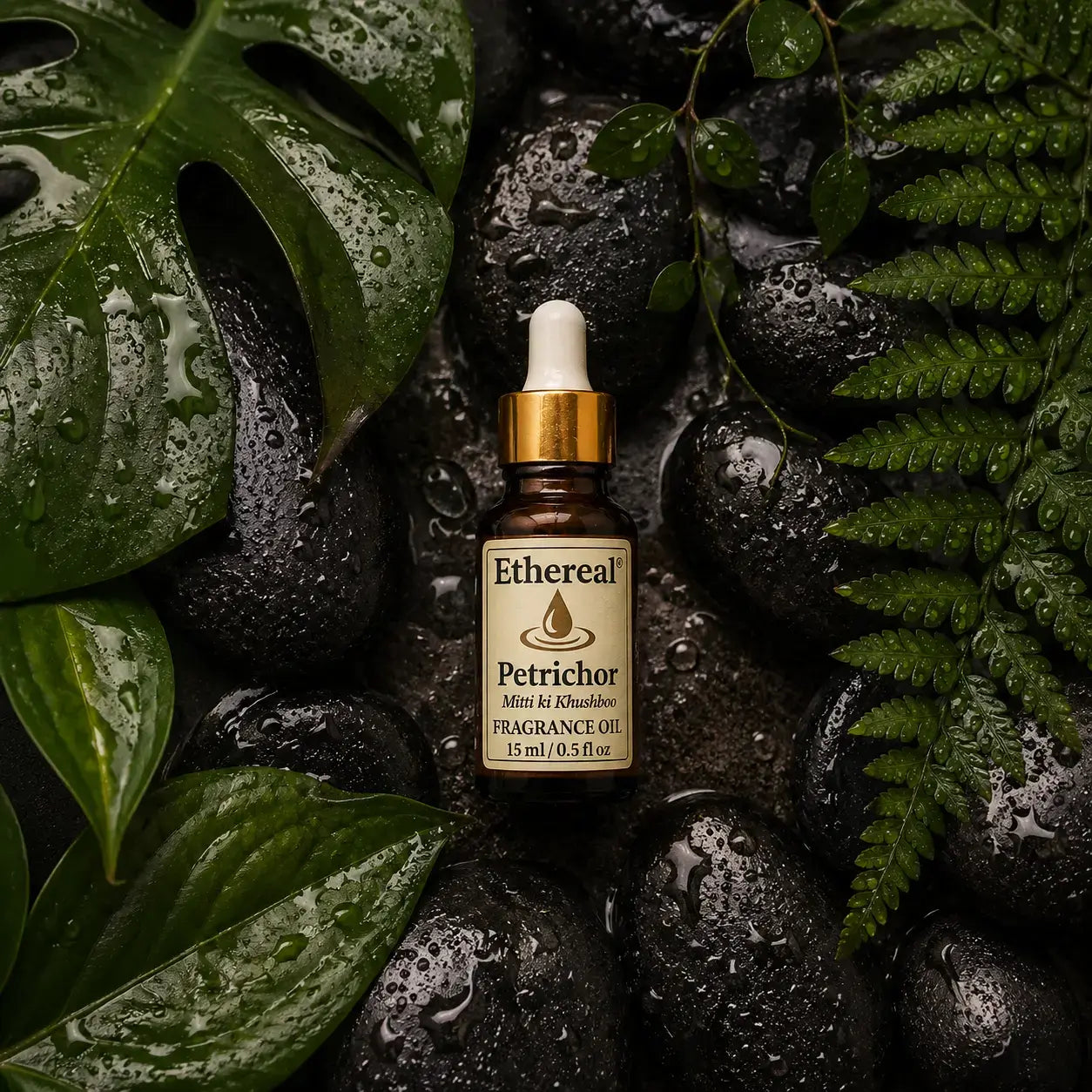 An overhead view of the Petrichor bottle surrounded by glistening wet leaves and smooth river stones, capturing the first rain aesthetic.