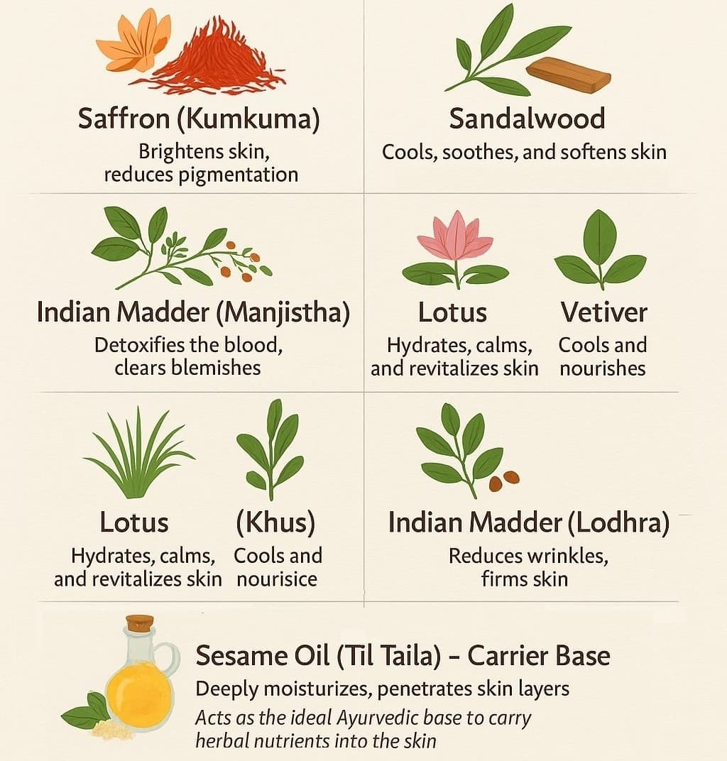 Chart detailing the hero ingredients in Kumkumadi Tailam with images and descriptions.