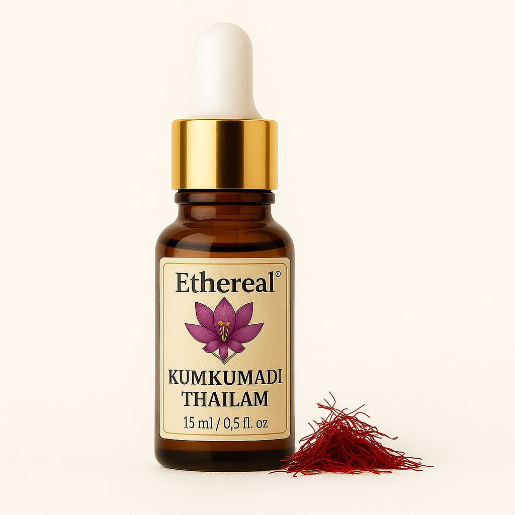 Kumkumadi Thailam face oil bottle with golden cap and saffron strands – 15ml Ayurvedic glow serum on soft off-white background