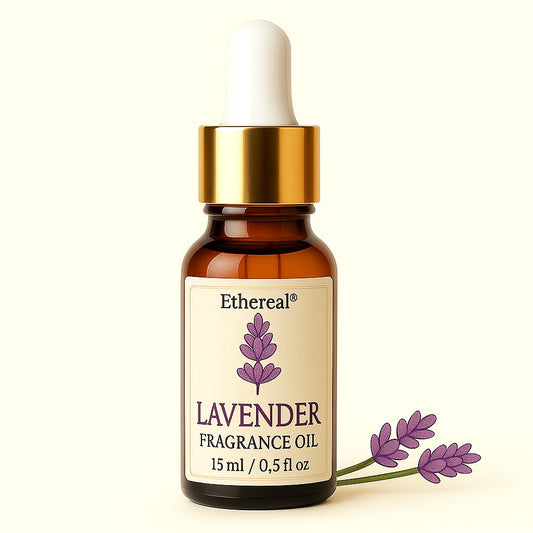 Bottle of Lavender Fragrance Oil by Shades of Ethereal with calming floral aroma for relaxation and sweet dreams.