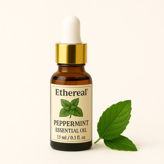 Bottle of Shades of Ethereal Peppermint Essential Oil with a golden cap and white dropper.