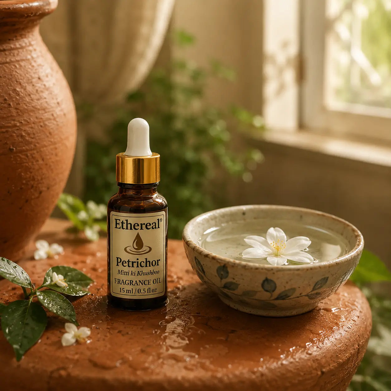 A calming lifestyle image of the Petrichor oil bottle on a terracotta surface next to a bowl of water, symbolizing a cool summer pause.