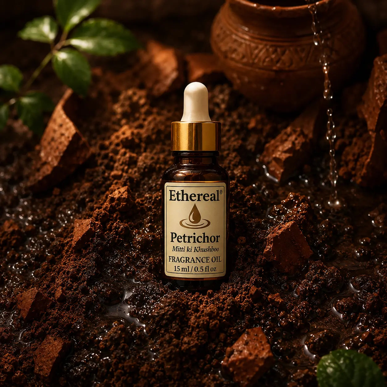 A cinematic view of the Petrichor oil bottle nestled in dark, freshly wet earth and crushed terracotta fragments, symbolizing the grounding scent.