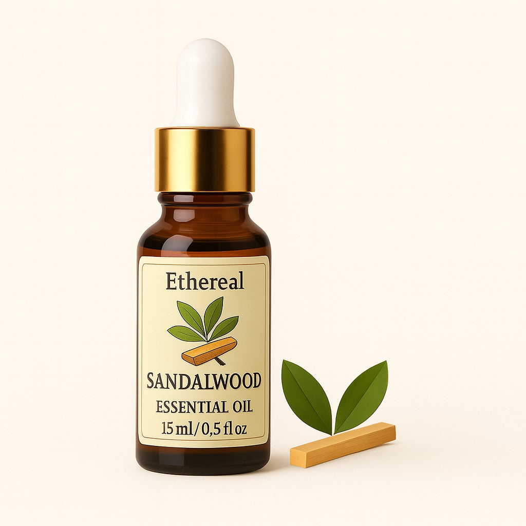 Ethereal Sandalwood fragrance oil bottle with dropper on a beige background